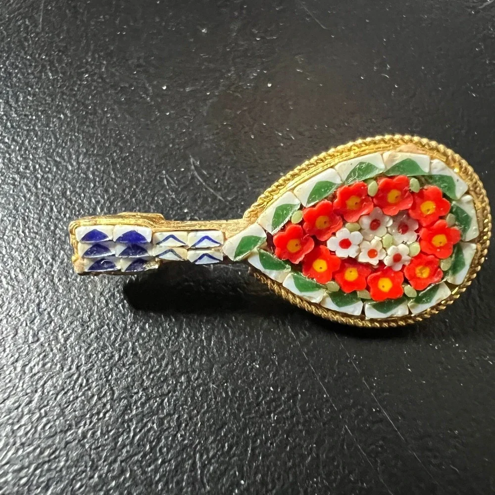 Vintage Micro Mosaic Lute Brooch Orange White Flowers Gold‎ Tone Pin